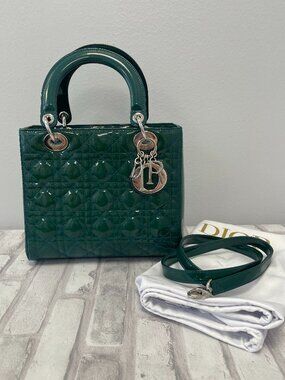 Dior Lady Dior Medium Green Canage Patent Leather Shoulder Bag - Preowned